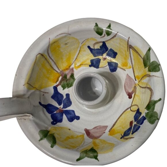 Vintage Hand-Painted Chamberstick Candle Holder Ceramic Redware Floral - Picture 3 of 4